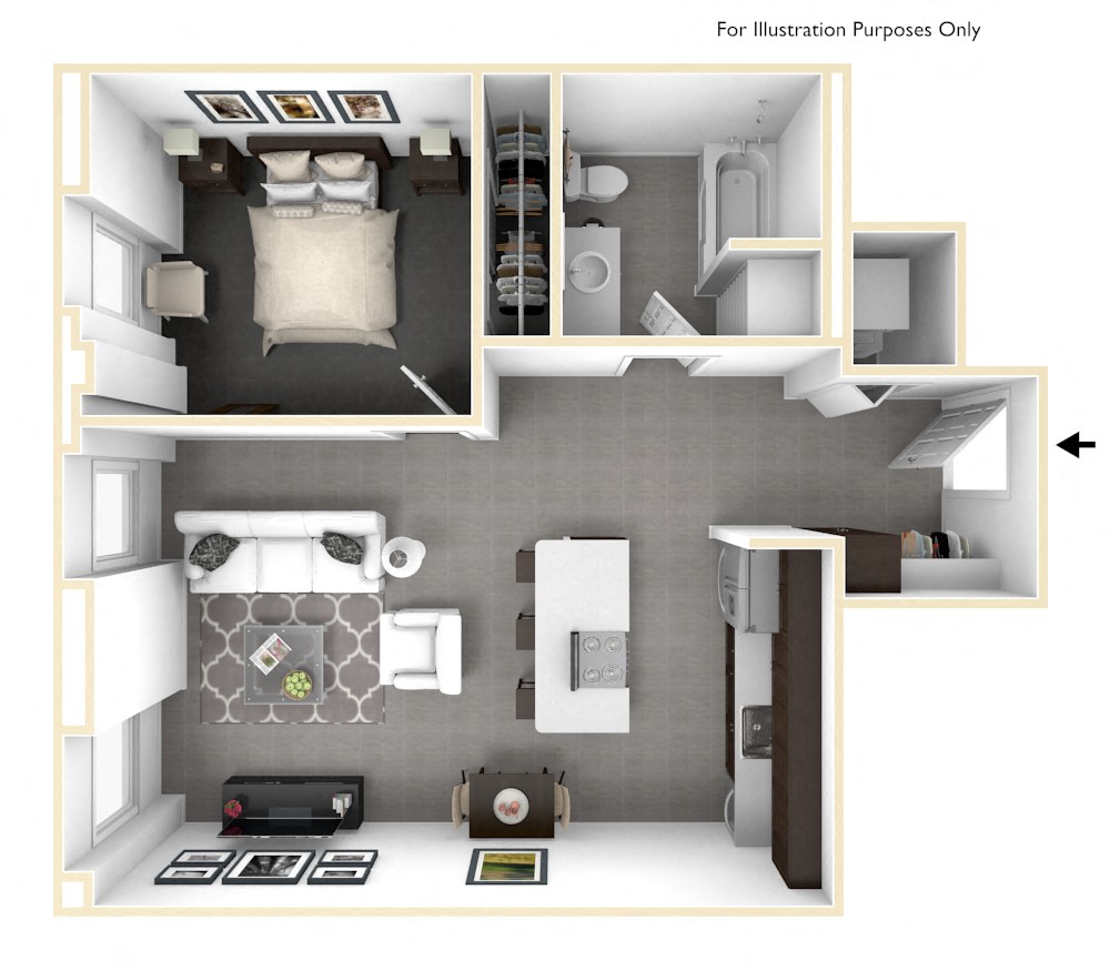Floor plan for 1 bed, 1 bath, 636 sqft